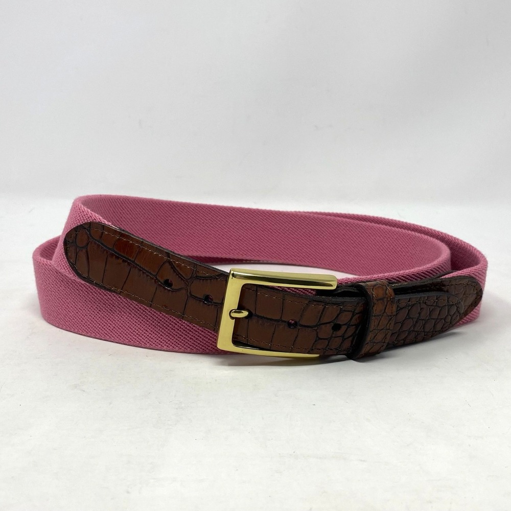 Vtg Belt Mens 44 Pink Canvas Web Brown Leather Accents Golf Preppy Dad